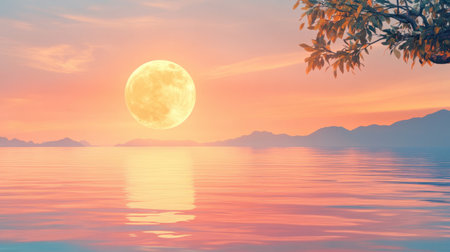 A breathtaking display of nature unfolds as the sun sets, casting warm hues over tranquil waters, while a bright moon rises in the pastel sky, illuminating distant mountains.の素材