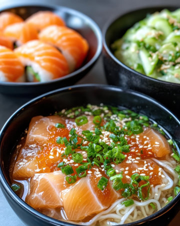 A vibrant assortment of sushi, a steaming bowl of noodles, and a rich seafood soup are beautifully arranged from above, showing casing mouthwatering details and textures.の素材