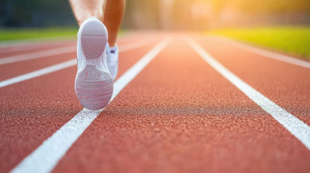 In bright afternoon light, a determined athlete stands at the starting line, preparing to sprint down the vibrant running track, focusing on the race ahead.の素材
