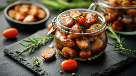 Colorful pickled sausages are beautifully arranged in glass jars, garnished with fresh herbs and cherry tomatoes, exuding a mouthwatering appeal in a cozy setting.の素材