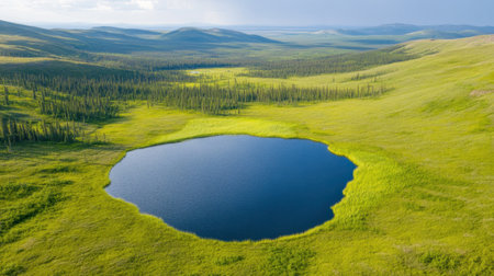 In a breathtaking landscape, a small lake fades as lush green grass spreads across the valley. Forests emerge, breathing life into the serene environment.の素材