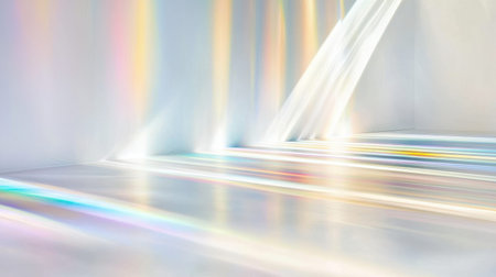 Bright sunlight filters through a glass prism, casting colorful rainbows that illuminate a minimalistic white space, showing nature's artistry and beauty.の素材