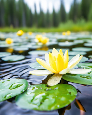 In a tranquil moment, vibrant yellow lilies float gracefully on the calm water's surface, surrounded by lush green leaves and towering trees celebrating nature's revival.の素材