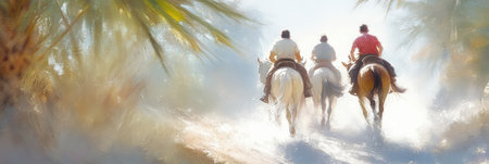 Three equestrians traverse a sunlit path, framed by lush palm trees, capturing the serene essence of Palm Sunday amidst nature's embrace and vibrant colors.の素材