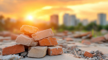 A pile of bricks rests on cracked ground, illuminated by a stunning sunset behind distant skyscrapers. The scene exudes an abandoned yet serene atmosphere.の素材