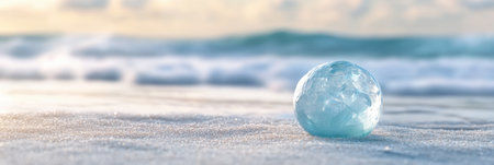 A translucent orb glistens on the soft sand, kissed by waves. It's a serene moment on a beach dedicated to honoring our planet on Earth Day.の素材