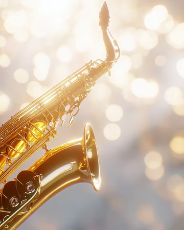 Close up of a shimmering saxophone as a skilled jazz musician passionately plays, intricate brass textures illuminated by colorful stage lights.の素材