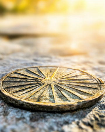 Sunlight dances on the engraved sundial, illuminating its details as shadows reflect perfect balance, celebrating the equinox in a serene outdoor setting.の素材