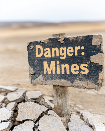 A close-up view of a weathered warning sign displaying Danger Mines amid cracked earth in a desolate landscape, highlighting the perilous history of the area.の素材