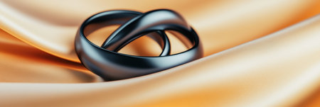 A close up shot showcases two wedding rings elegantly intertwined on a luxurious satin pillow, highlighting their metallic shine and symbolizing eternal love.の素材