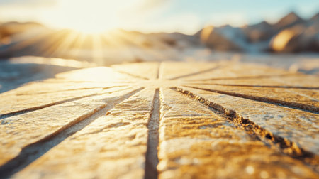A close-up view of a sundial capturing perfect shadow alignment, signifying the equinox. Warm sunlight illuminates its engraved details against a serene backdrop.の素材