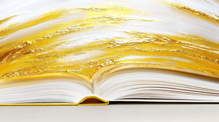 An open book features stunning golden lettering with a soft bookmark gently draped across the pages, highlighting its intricate embossed details in sharp focus.の素材