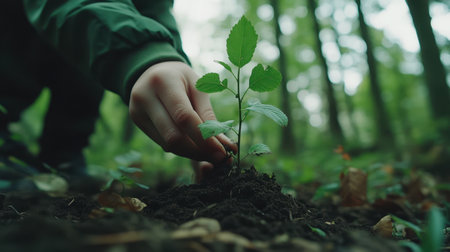 In a vibrant forest, a child gently plants a young sapling, connecting with nature while ensuring its growth amongst rich soil and lush greenery.の素材