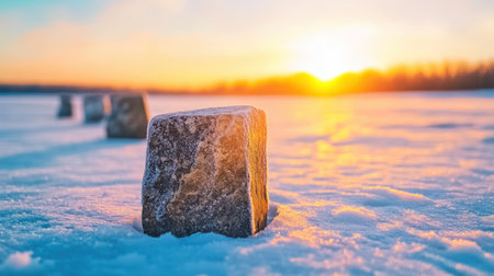 Frost-kissed stone markers align perfectly with the winter solstice sunrise, showing their historical significance against a vibrant dawn sky.の素材