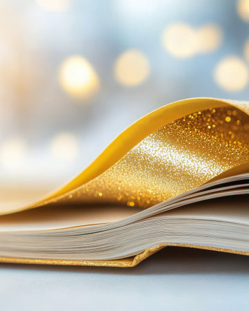 Golden embossed lettering shines on open pages, while a delicate bookmark rests gently across them, creating an inviting literary moment.の素材
