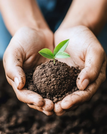 Hands gently cradle a globe of soil and leaves, reflecting a connection to nature. This intimate gesture showcases the importance of nurturing our planet.の素材