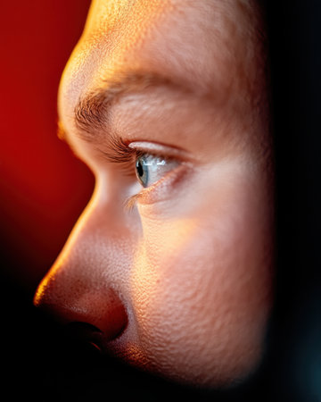 Close-up view captures an actor applying makeup backstage, highlighting intricate brushwork and reflection in the mirror, set in a vibrant environment.の素材