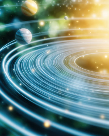 A close-up view reveals a smartphone app showcasing an intricate display of planet alignments, set against a vibrant cosmic backdrop, igniting curiosity for astronomy.の素材