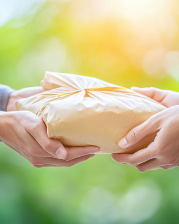 Hands come together to share food packages in a vibrant donation center, symbolizing community spirit and compassion for those in need.の素材