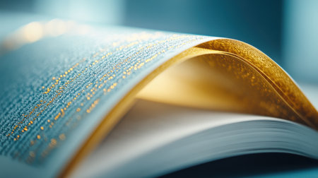 An intricate open book reveals glistening golden lettering and a bookmark gracefully draped across its pages, inviting readers into its world of stories and knowledge.の素材
