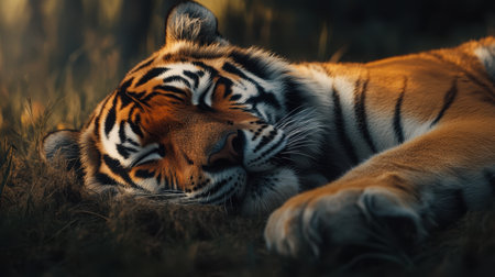 A captivating close up of a tiger at the rest, showing its fierce eyes and striking striped fur. Surrounded by the vibrant jungle, it embodies wild beauty and grace.の素材