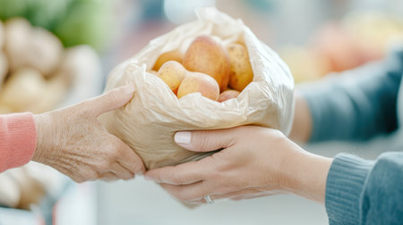 In a warm moment, two individuals exchange food packages filled with fresh produce at a vibrant donation center. This simple act reflects community support and generosity.の素材