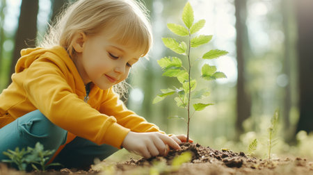 In a lush forest, a child kneels to plant a young sapling, tenderly working the soil while the sun filters through the trees, nurturing new life.の素材