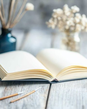 Gentle light illuminates a close-up of an open notebook filled with handwritten verses, surrounded by quills, ink, and dried flowers, evoking a serene poetic atmosphere.の素材