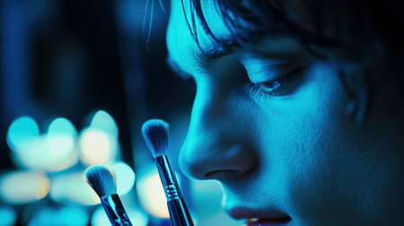 In a colorful backstage setting, an actor meticulously applies makeup, focusing intently on the brush strokes and mirror reflection, creating an artistic and immersive atmosphere.の素材