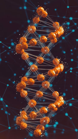A vibrant DNA hologram emerges against a dark backdrop, showing the elegance of molecular structures and advancements in biotechnology and medicine.の素材