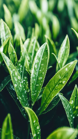 Delicate green tea leaves, freshly picked and adorned with morning dew, create a vivid tapestry in a lush plantation, highlighting nature's beauty at sunrise.の素材