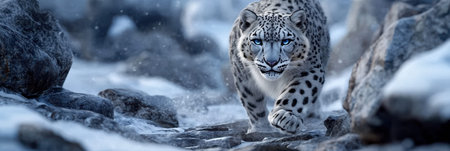 In the snowy mountains, a striking snow leopard moves gracefully over rocky terrain, its blue eyes piercing the cold atmosphere and adorned with sacred symbols.の素材