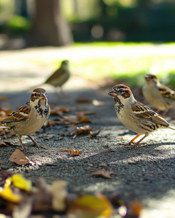 Sparrows chirp and flit about on a warm spring day, exploring the ground covered with colorful fallen leaves while basking in the gentle sunlight.の素材
