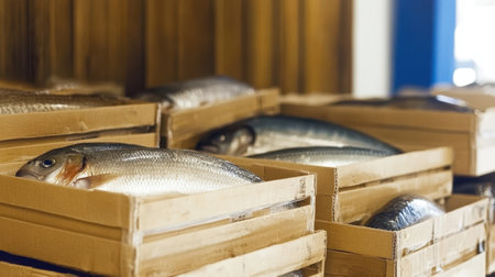 Wooden crates filled with freshly caught fish create a vibrant display at a bustling seafood market during early morning hours, showcasing the day's catch.の素材