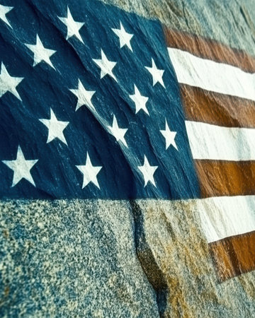 A striking view showing the American flag on a textured stone surface, blending patriotism with the raw beauty of nature. Perfect for evoking national pride.の素材