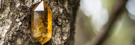 Nestled within the rugged bark of a tree, a stunning scapolite gem catches the light, revealing its intricate patterns and colors amidst a tranquil natural setting.の素材