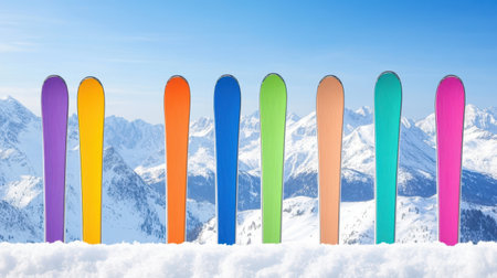 A vibrant display of snowboards in assorted colors contrasts beautifully with majestic snow-capped mountains under a clear blue sky, inviting adventure.の素材