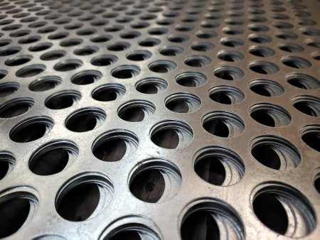 Detail-oriented view of stainless steel mesh highlighting its circular openings and durable structure, emphasizing its versatility and strength in various environments.の写真素材