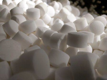 White tablet salt pieces are beautifully arranged in a detailed composition, capturing their smooth surfaces and unique shapes under soft, natural light.の写真素材