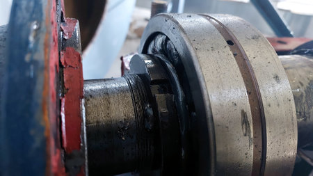 Close-up of a bearing support shows signs of wear on metal components, emphasizing maintenance needs in heavy machinery during routine inspection at a workshop.の写真素材