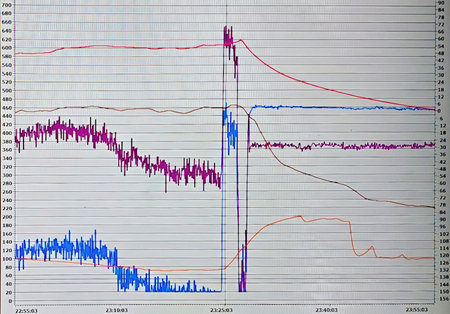 The control panel screen shows a complex graph with multiple lines indicating sharp changes in various monitored parameters over time in a testing environment.の写真素材