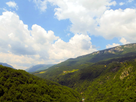 Discover the stunning Tara River Canyon in Montenegro, where lush greenery meets dramatic cliffs under a vibrant sky, perfect for hiking and nature exploration.の写真素材