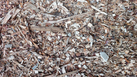 Wood chips are processed into biofuel at a sustainable energy facility located in a rural area. This method promotes renewable energy and reduces waste.の写真素材