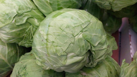 Fresh green cabbage heads are displayed in the produce section, waiting to be selected by customers during the busy evening market hours.の写真素材