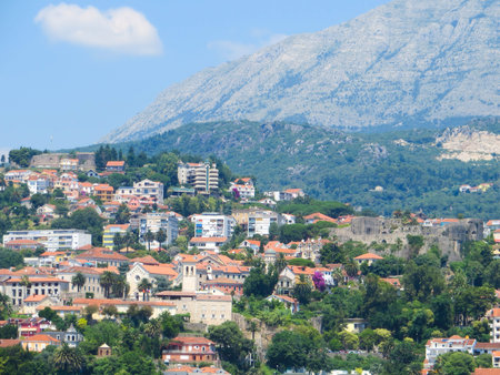 Herceg Novi showcases its rich history with ancient fortresses amidst modern architecture, set against the beautiful backdrop of the Boka Kotorska mountains and vibrant greenery.の写真素材