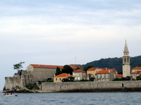 Budvas old medieval town showcases stunning architecture and historical landmarks along the coast.の写真素材
