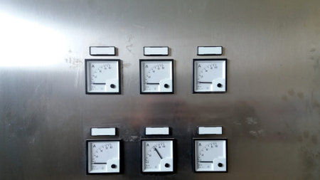The cabinet panel features five ammeters indicating electrical current values, set against a...