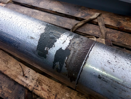 A metal rod is covered in water droplets, resting on wooden pallets. The atmosphere appears cool and humid, suggesting recent rain or high humidity in the area.の写真素材