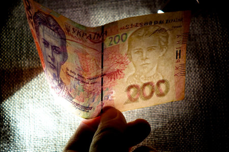 A person inspects a Ukrainian 200 hryvnia banknote while holding it against a light, searching for...