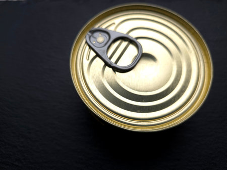 A tin can sits on a flat surface with its key visible. The can has a metal pull tab and a circular design on its top. This scene captures everyday items.の写真素材